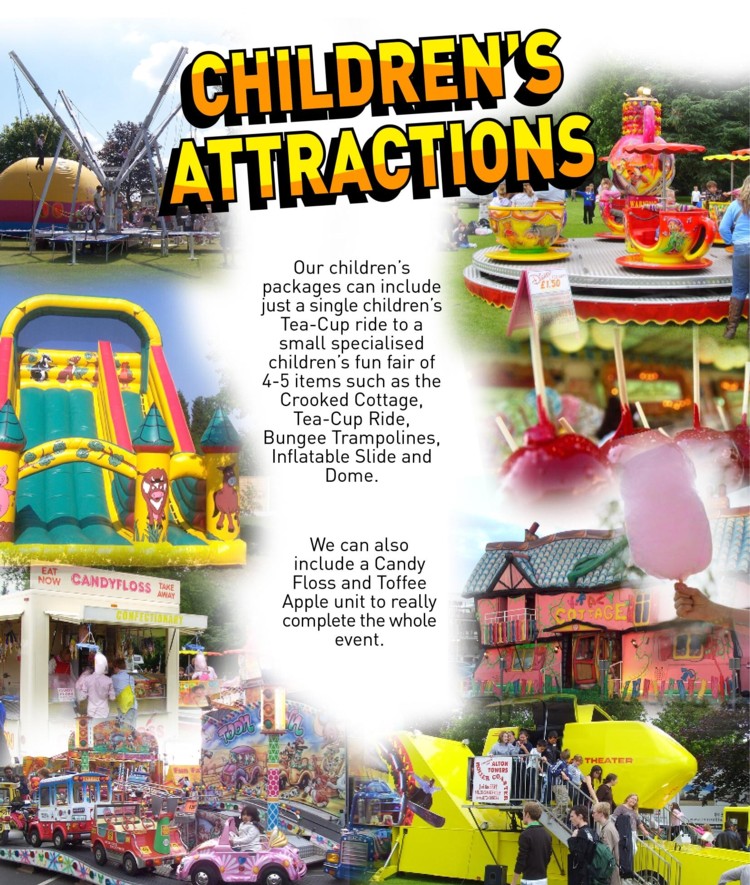 Funfairevents.com - Children's Attractions - Our children's packages can include just a single children's Tea-cup ride to a small specialised children's fun fair of 4 - 5 items such as the Crooked Cottage, Tea-cup ride, Bungee trampolines, inflatable slide and Dome. We can also include a candy floss and toffee apple unit to really complete the whole event.